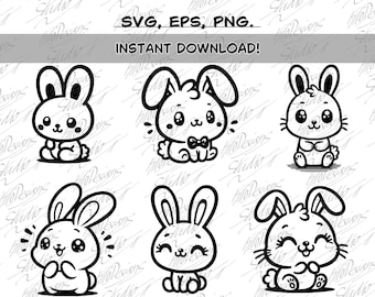 Conjunto de gráficos vectoriales de conejos de dibujos animados: 6 adorables ilustraciones de conejitos en estilo cómic. Imágenes prediseñadas vectoriales EPS, SVG y PNG. Descarga instantánea.