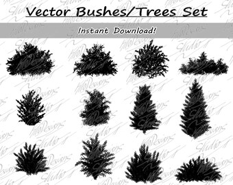 Krzewy i drzewa wektorowe - 12 masek wektorowych - jako pliki SVG i PNG, do użytku komercyjnego, np. jako zestaw tła.