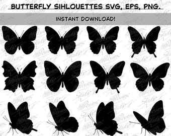 Zestaw grafik wektorowych z sylwetkami motyli – 12 różnych ilustracji – pliki EPS, SVG i PNG – Clipart wektorowy – natychmiastowe pobranie