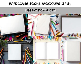 Makiety książek w twardej oprawie w wysokiej jakości - 6 makiet projektów etykiet i reklam - do natychmiastowego pobrania.