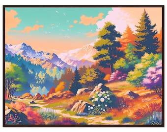 Plakat z górskim krajobrazem w drewnianej ramie, oprawiona sztuka ścienna z motywem natury, ilustracja krajobrazu, plakat leśny, gotowy do powieszenia