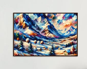 Abstrakcyjny obraz olejny przedstawiający górski krajobraz na plakacie wykonanym na papierze półmatowym w drewnianej ramie - gotowy do powieszenia