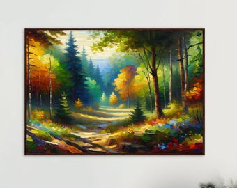 Abstrakcyjny, kolorowy pejzaż leśny w stylu malarstwa olejnego - plakat wykonany na papierze półmatowym w drewnianej ramie - gotowy do powieszenia