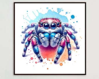 Uroczy, kolorowy pająk skaczący na plakacie wykonanym z matowego papieru w drewnianej ramie o różnych rozmiarach.