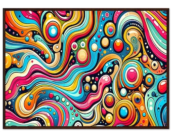 Psychodeliczna, abstrakcyjna ilustracja na plakacie wykonanym na papierze półmatowym, w drewnianej ramie - gotowym do powieszenia.