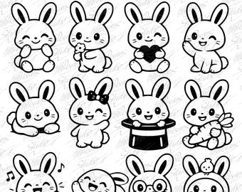 漫画風ウサギのベクターグラフィックセット – コミック風のかわいいウサギのイラスト12点 – EPS、SVG、DXF、PNGベクタークリップアート – 即時ダウンロード