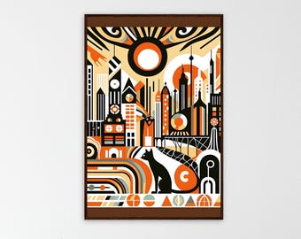 Abstrakcyjny pejzaż miejski na plakacie wykonanym na papierze półmatowym w drewnianej ramie - gotowy do powieszenia