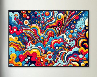 Psychodeliczna grafika abstrakcyjna na plakacie wykonanym na papierze półmatowym w drewnianej ramie - gotowy do powieszenia