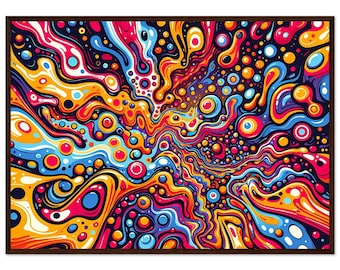 Psychodeliczna, abstrakcyjna ilustracja na plakacie wykonanym na papierze półmatowym, w drewnianej ramie - gotowym do powieszenia.