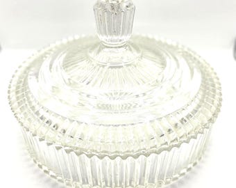 Anchor Hocking Porte-bonbons Queen Mary rond en verre pressé transparent nervuré vintage