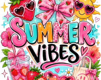 Imágenes PNG de ambiente veraniego / Coqueta fresa PNG / Diseño veraniego con lazo rosa / Sublimación veraniega linda y femenina / Camiseta de moda PNG / Descarga instantánea