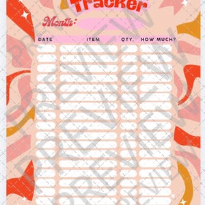 Op de afbeelding: Een verkooptracker met een retro-ontwerp. De woorden "Sales Tracker" zijn in rood en oranje. De tracker heeft secties voor datum, item, hoeveelheid en bedrag. De achtergrond is licht perzik van kleur met abstracte vormen.