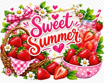 Dulce fresa de verano PNG / Diseño de sublimación de verano / Diseño de camiseta de fresa / Imágenes prediseñadas de verano lindas / Descarga digital instantánea