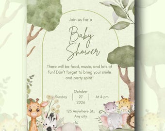 Invitación para baby shower con temática de safari (PLR/MRR)