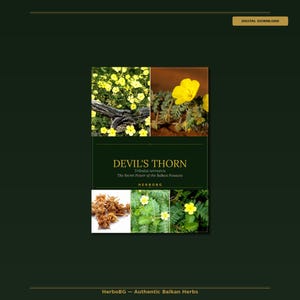 Op de afbeelding: Afbeelding van een digitaal downloadbaar product met de tekst "DEVIL'S THORN" en de ondertitel "Tribulus terrestris The Secret Power of the Balkan Panacea." De afbeelding toont gele bloemen en plantendelen. De tekst "HERBORG" is ook zichtbaar.