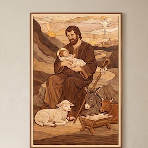 May include: A framed wooden art piece depicting a religious scene. It features a man holding a baby, with a lamb, donkey, and cow nearby. The artwork is in shades of brown and beige, with a star and city in the background.