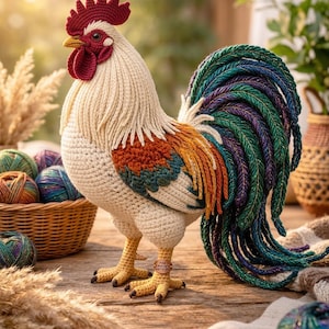 Puede incluir: Un gallo de ganchillo hecho a mano con cuerpo color crema, cresta y barbilla rojas, y una cola vibrante de color verde, azul y morado. El gallo se exhibe sobre una superficie de madera, con hilo y una cesta en el fondo. Una etiqueta en la pata del gallo dice "Fine Crochet Artistry".