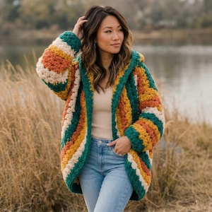 Patrón de cárdigan hexagonal grueso a crochet / Tutorial de suéter con capucha extragrande / Guía en PDF para principiantes