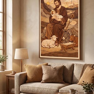May include: A framed artwork depicting a religious scene. The image shows a man holding a baby, with a lamb, donkey, and cow nearby. The background features a sunset, mountains, and a star. The artwork is in a warm color palette.