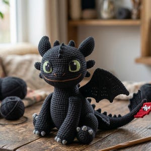 May include: A handmade black crochet dragon with green eyes, sitting on a wooden table. The dragon has small wings, a long tail with a red accent, and gray claws. The background includes yarn balls and a crochet hook.