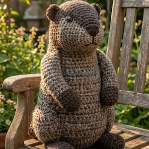 May include: A crocheted beaver toy in brown hues, seated on a wooden bench. The handmade plushie features a textured body, small ears, and darker brown details on its paws and face. A charming decorative item, perfect for a child's room or as a gift.