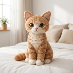 Puede incluir: Una figura de gato de ganchillo con rayas naranjas y blancas, sentada en una cama. El gato tiene grandes ojos verdes y una nariz rosa. La figura está hecha a mano y tiene un botón en su pata.