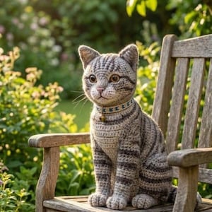 May include: A handcrafted crochet cat figurine with gray and brown stripes, sitting on a wooden bench. The cat wears a patterned collar with a small bell. The background features lush greenery and soft sunlight, creating a cozy, outdoor scene.