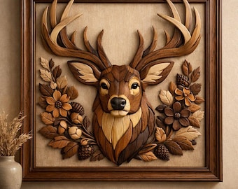 Deer Intarsia Woodworking Pattern, Scroll Saw Template, Rustic Wall Art (PDF Download)
