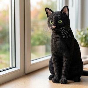 Puede incluir: Un gato negro de ganchillo con ojos verdes está sentado en un alféizar de madera. El gato tiene una nariz rosa y largos bigotes blancos. El fondo muestra una ventana con vistas a vegetación y plantas.