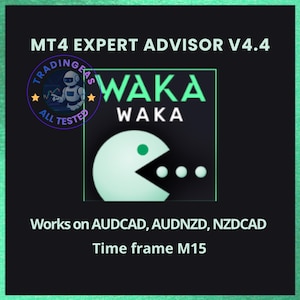 Puede incluir: Un gráfico negro con el texto "MT4 EXPERT ADVISOR V4.4" y "WAKA" en verde. La imagen incluye un personaje tipo Pac-Man y el texto "Works on AUDCAD, AUDNZD, NZDCAD Time frame M15". Un logotipo circular con un robot está en la parte superior izquierda.