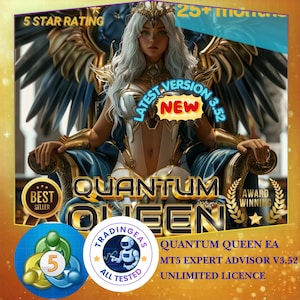 Puede incluir: Ilustración digital de una mujer con cabello blanco y corona, sentada en un trono. El texto "QUANTUM QUEEN" se muestra de forma destacada, junto con "LATEST VERSION 3.52" y "NEW". Texto adicional incluye "5 STAR RATING" y "BEST SELLER".