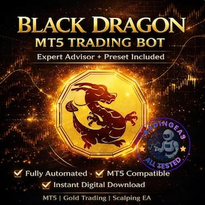 以下が含まれることがあります： 「Black Dragon MT5 Trading Bot」のデジタル広告。金と黒のドラゴンのエンブレムが特徴です。テキストは、プリセットが付属したエキスパートアドバイザーであり、完全に自動化され、MT5に対応し、即座にデジタルダウンロードできることを示しています。