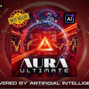 May include: A red and black graphic with the text "AURA ULTIMATE" and "POWERED BY ARTIFICIAL INTELLIGENCE." The image includes a triangle, a chart, and the words "BEST SELLER" and "ALL TESTED."