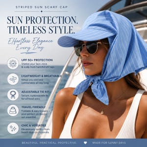 May include: A light blue and white striped sun scarf cap. The cap has a visor and a scarf that drapes around the neck. The text on the image reads: "SUN PROTECTION. TIMELESS STYLE. Effortless Elegance Every Day."