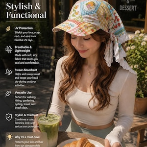 May include: A sun protection hat with a colorful patchwork design, featuring a brim and a decorative lace trim. The hat is designed to shield the face, scalp, neck, and ears from harmful UV rays. The text on the image says "Sun Protection Stylish & Functional".