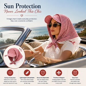 Könnte beinhalten: Ein rot-weiß karierter Sonnenhut mit breiter Krempe und Spitzenbesatz. Der Hut wird unter dem Kinn gebunden und bietet vollen Sonnenschutz. Der Text auf dem Bild lautet "Sun Protection Never Looked This Chic."