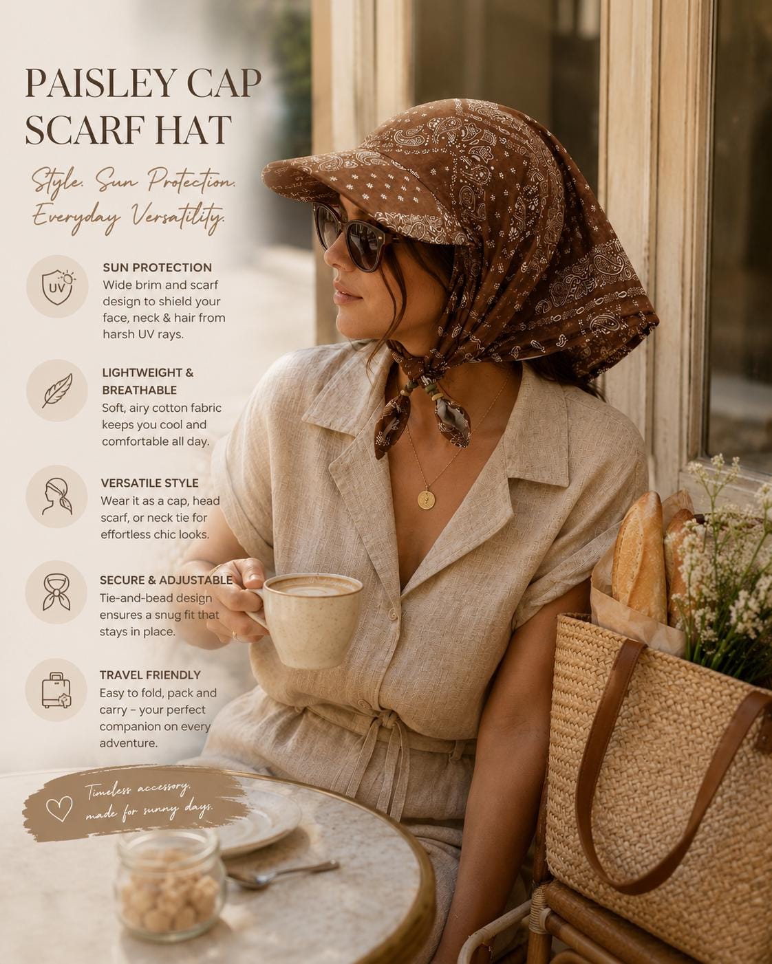Cottage‎ Core Straw Hat Neck SPF Scarf Sun Beach Coastal Boho Wide Brim Meet the  main image 4