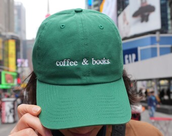 Coffee Books Embroidered Hat, Green Cotton Baseball Cap, Book Lover Hat