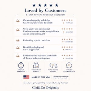 May include: A customer review graphic titled Loved by Customers featuring five-star ratings and testimonials. Icons represent premium embroidery, thoughtful packaging, fast shipping, and customer service. Includes Made in the USA text and Cici&Co Originals.