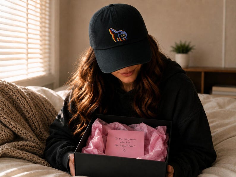 May include: A black baseball cap with a colorful embroidered cat design. The person is holding a black gift box with pink tissue paper and a pink card that reads, "To the cat person who has the biggest heart".