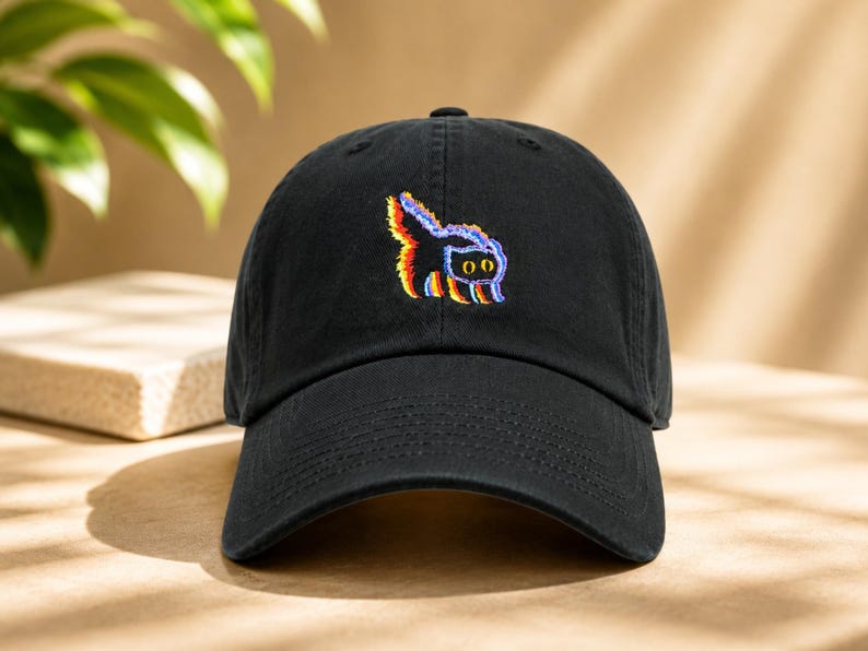May include: Black baseball cap featuring a colourful embroidered cat design. The cat has a glitch effect with red, yellow, and blue outlines. The cap has a curved peak and a fabric strap closure.