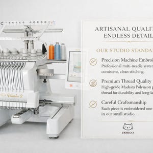 May include: A white Venture 2 embroidery machine with multiple thread spools in orange, blue, and light blue. The image includes text that reads "Artisanal Quality, Endless Detail" and "Precision Machine Embroidery".
