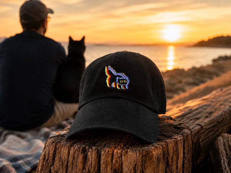 Black Cat Hat, Glitch Cat Embroidered Dad Cap image 8