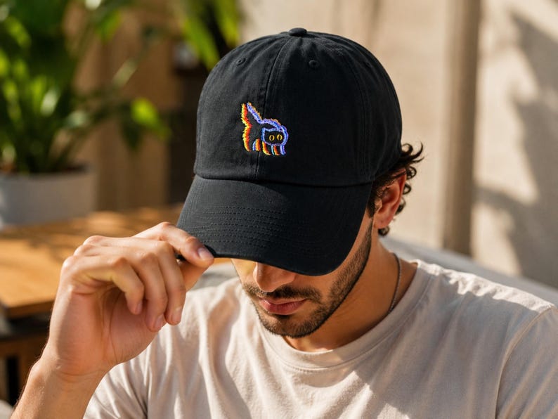 May include: Black baseball cap with a curved brim. The cap features a colorful embroidered design on the front. The design appears to be a stylized cat or creature. The cap is made of a soft material.