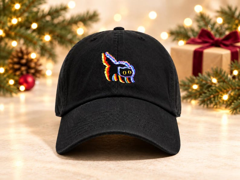 May include: A black baseball cap featuring an embroidered graphic of a cat with a glitch effect. The cat design incorporates vibrant rainbow colors including red, orange, yellow, blue, and purple, set against the solid black fabric of the cap.