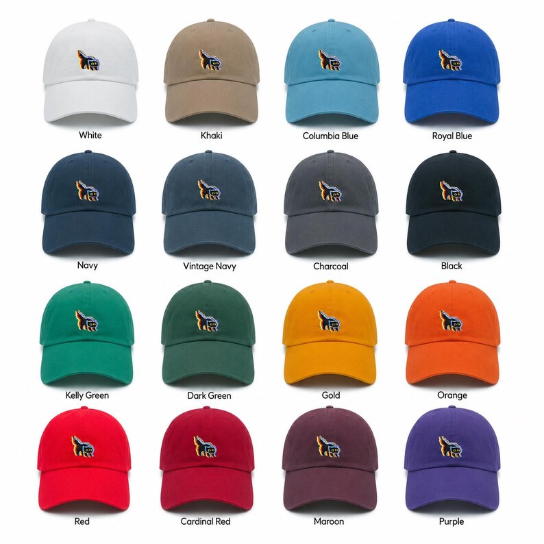May include: A collection of sixteen baseball caps in various colors including white, khaki, blue, navy, charcoal, black, green, gold, orange, red, maroon, and purple. Each cap features an embroidered graphic of a dog on the front panel.