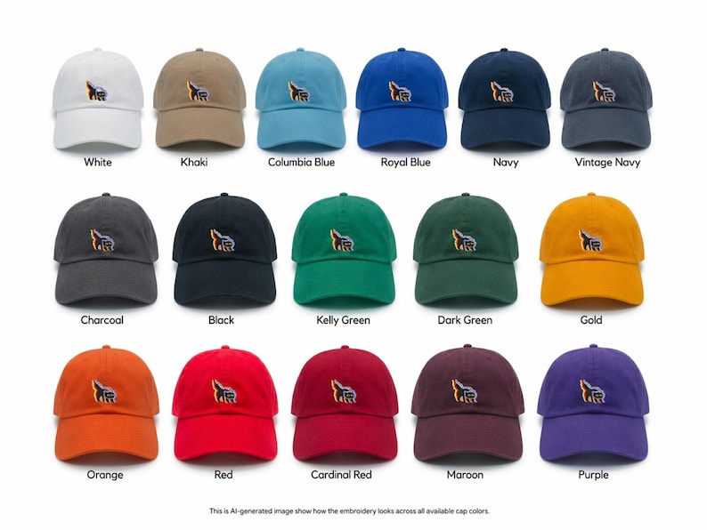 May include: A collection of baseball caps in various colors, including white, khaki, and royal blue. Each cap features an embroidered design. The image text reads "White", "Khaki", "Columbia Blue", "Royal Blue", "Navy", "Vintage Navy", "Charcoal", "Black", "Kelly Green", "Dark Green", "Gold", "Orange", "Red", "Cardinal Red", "Maroon", and "Purple".