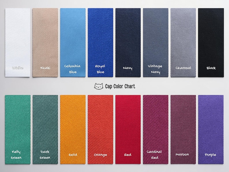 May include: A color chart for caps, featuring rectangular fabric swatches in various colors. Colors include white, khaki, blue, navy, charcoal, black, green, gold, orange, red, maroon, and purple. The text "Cap Color Chart" is also present.