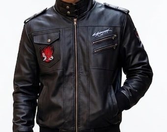 Men's Cyber Black Punk Sheep Leather Jacket - Samurai Bomber Johnny Video Game Outfit - Halloween Cosplay Costume - Gift For Him