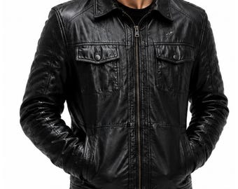 Chaqueta de cuero Black Sheep para hombre – Abrigo informal estilo motero con cremallera
